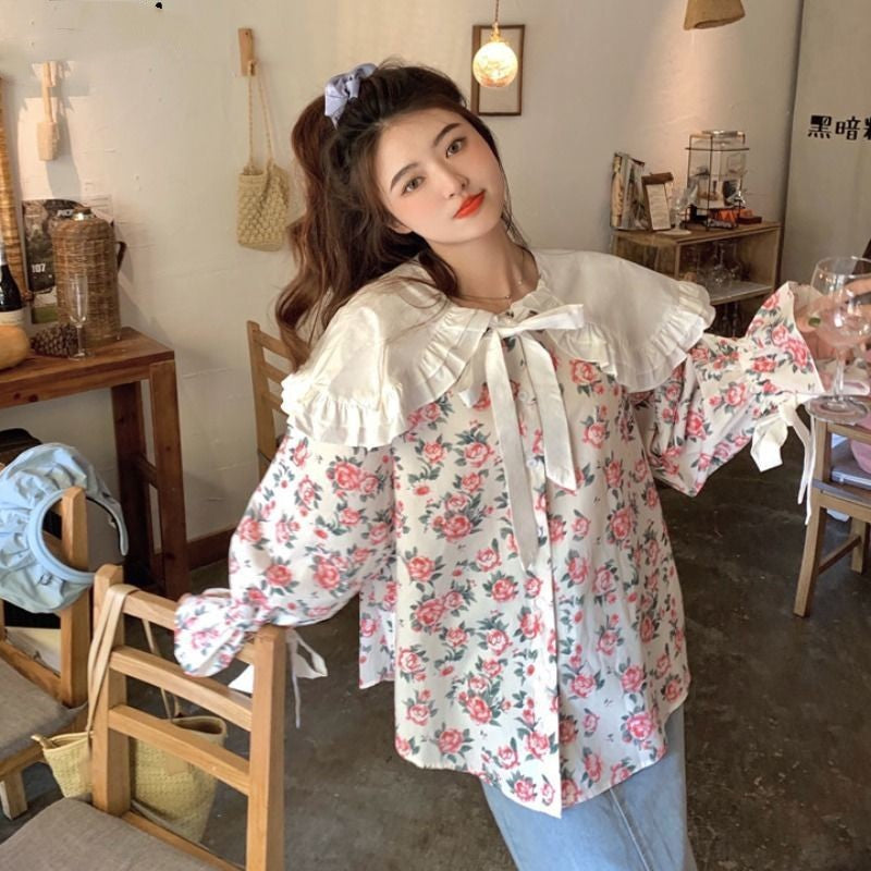 Floral Doll Collar Flared Sleeve Blouse / White / XL