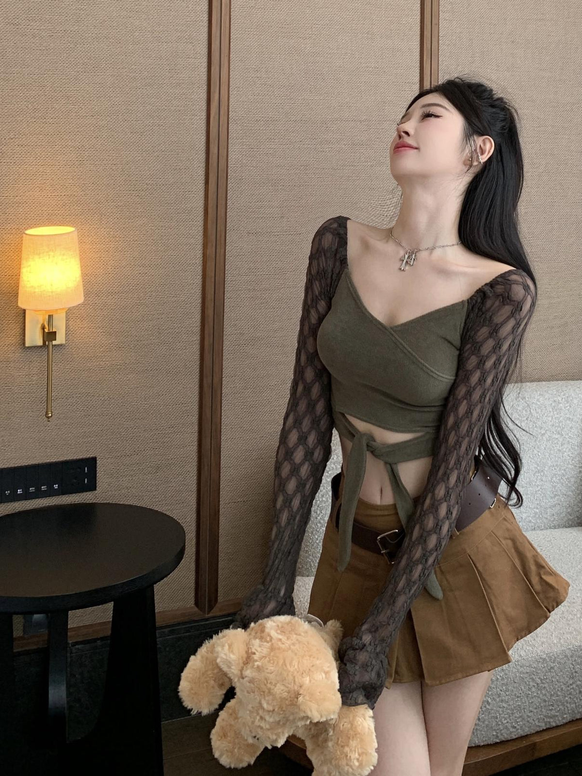 Military Green V-Neck Knotted Crop Top