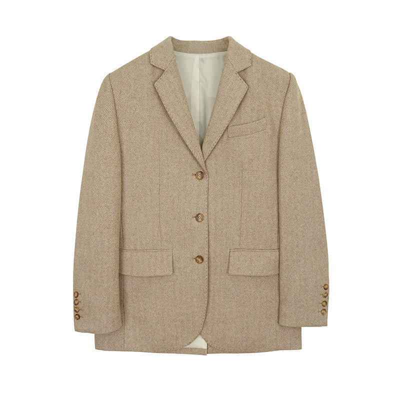 Wool Herringbone Thickened Blazer / Dark Brown Suit / M