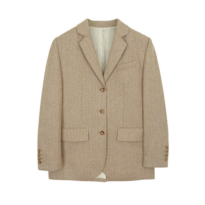 Wool Herringbone Thickened Blazer / Dark Brown Suit / M