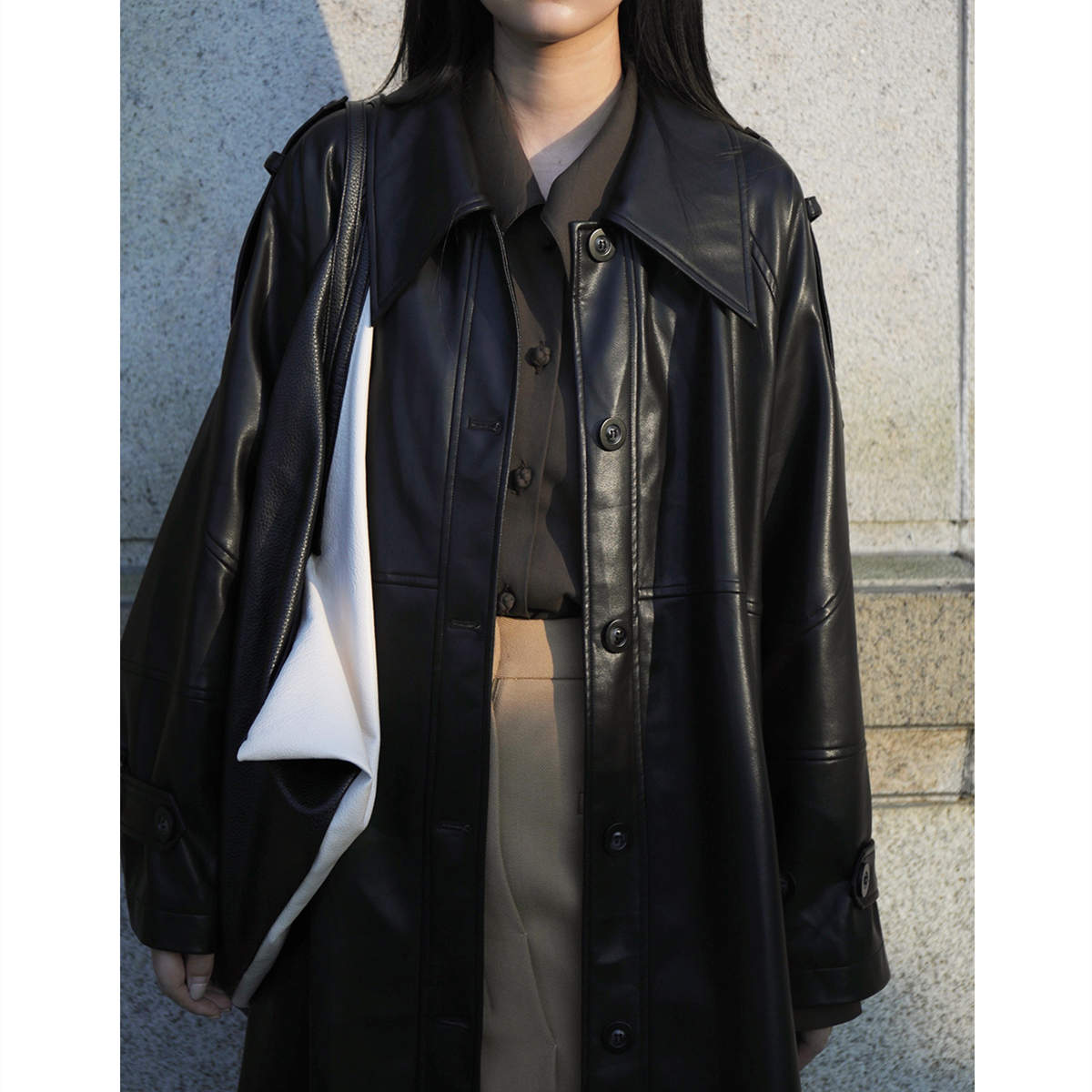 PU Square Collar Mid-Length Trench Coat / Black / S