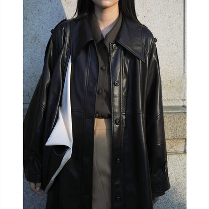 PU Square Collar Mid-Length Trench Coat / Black / S