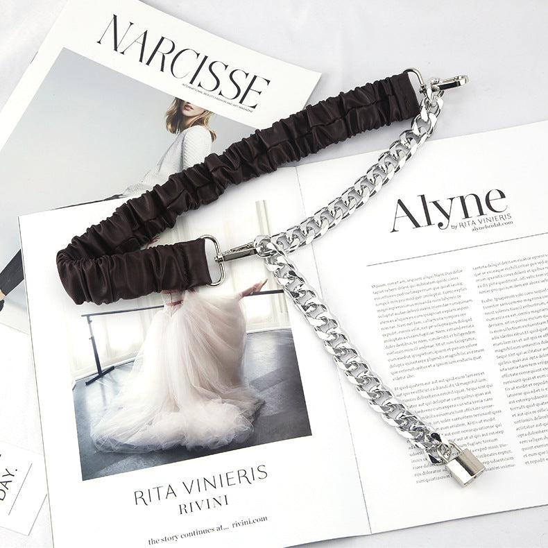 Metal Chain Accent Elastic Belt / Brown / 130cm