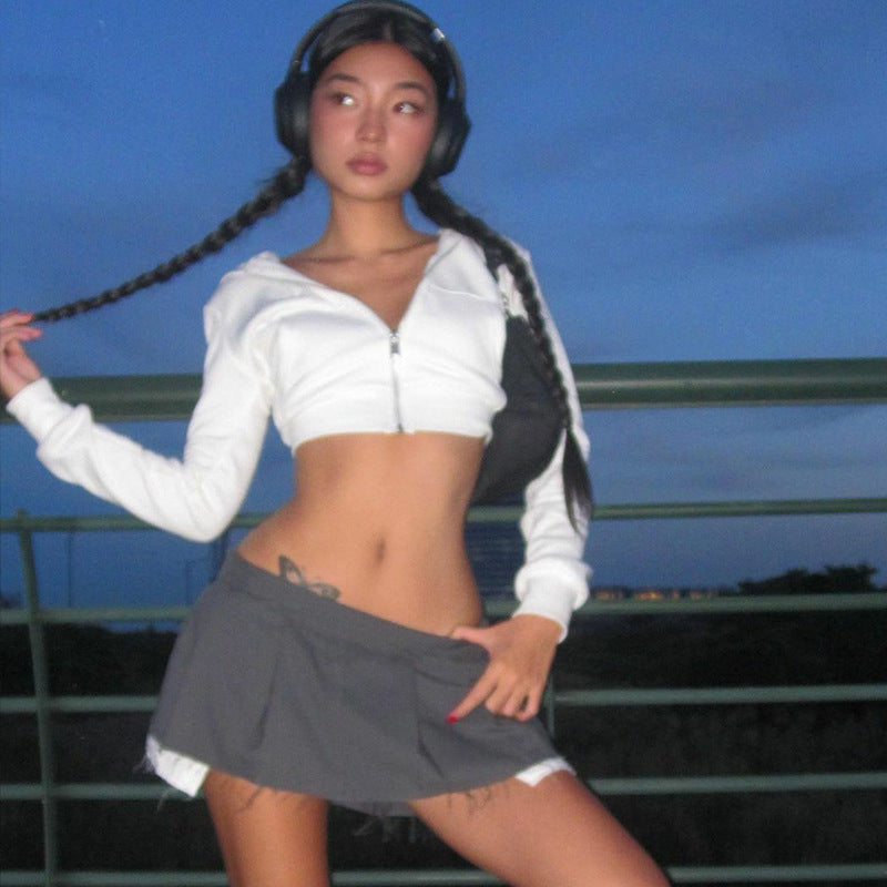 White Slim-Fit Zip Cropped Hoodie