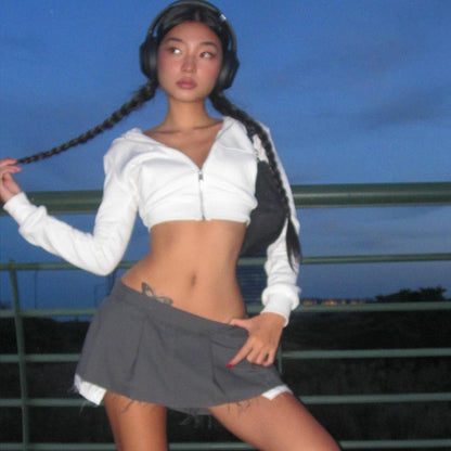 White Slim-Fit Zip Cropped Hoodie