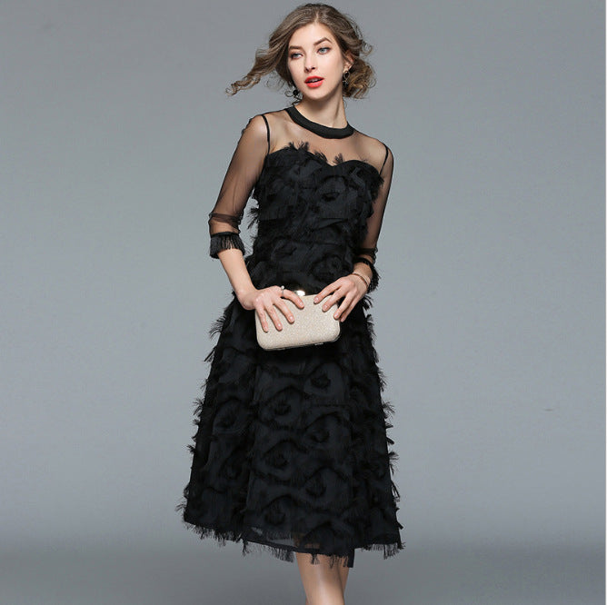 Black Tassel Feather Tulle A-Line Dress / Black / XXL