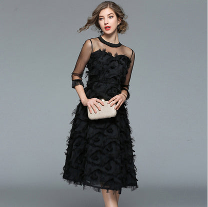 Black Tassel Feather Tulle A-Line Dress / Black / XXL