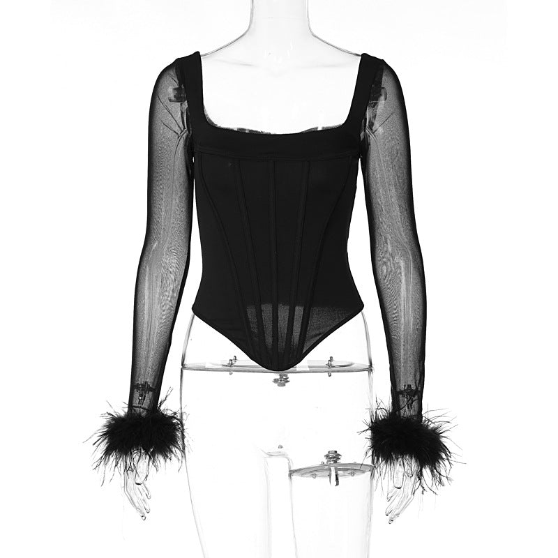 Square Neck Fur-Trim Mesh Long Sleeve Top / Black / L
