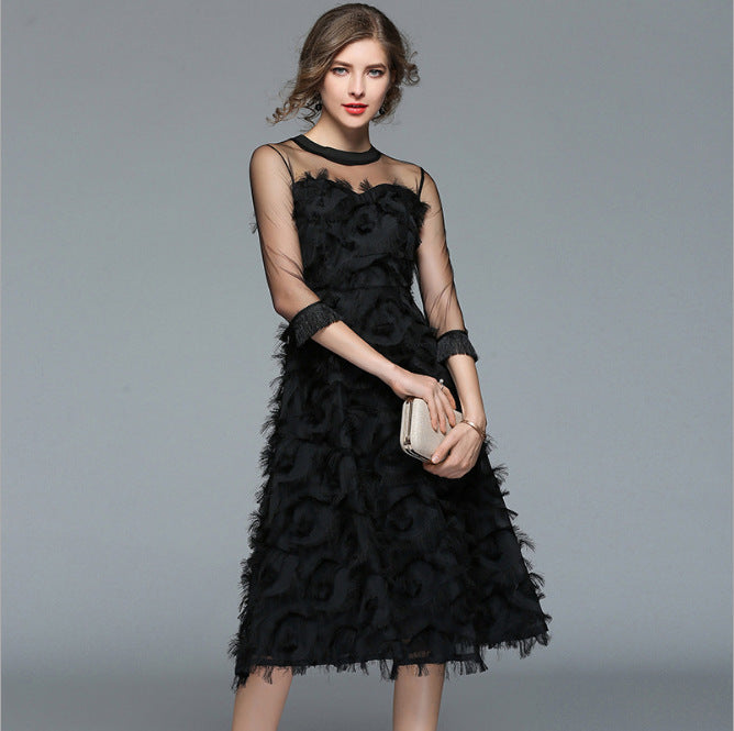Black Tassel Feather Tulle A-Line Dress / Black / XXXL