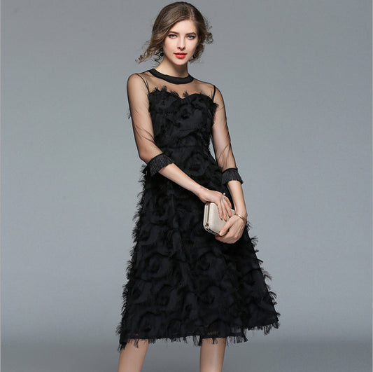Black Tassel Feather Tulle A-Line Dress / Black / XXXL