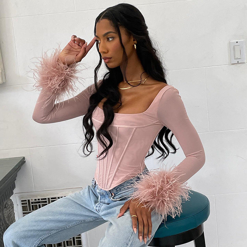 Square Neck Fur-Trim Mesh Long Sleeve Top
