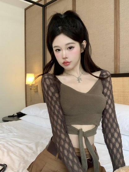 Military Green V-Neck Knotted Crop Top / Army Green / S