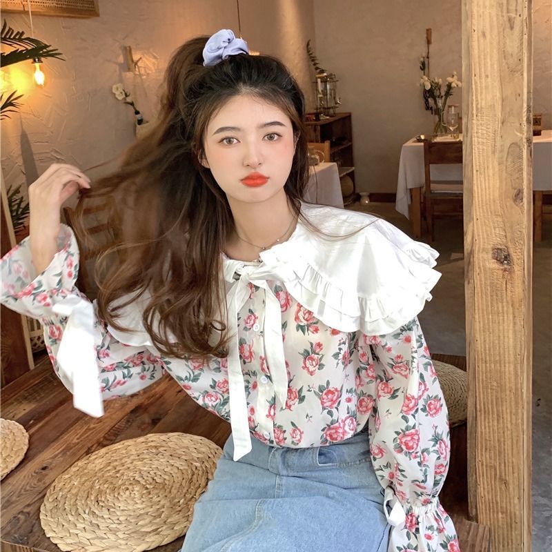 Floral Doll Collar Flared Sleeve Blouse