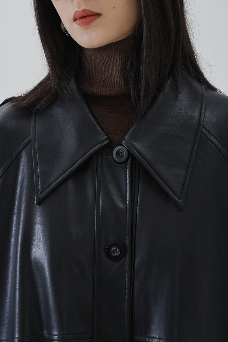 PU Square Collar Mid-Length Trench Coat / Green / S