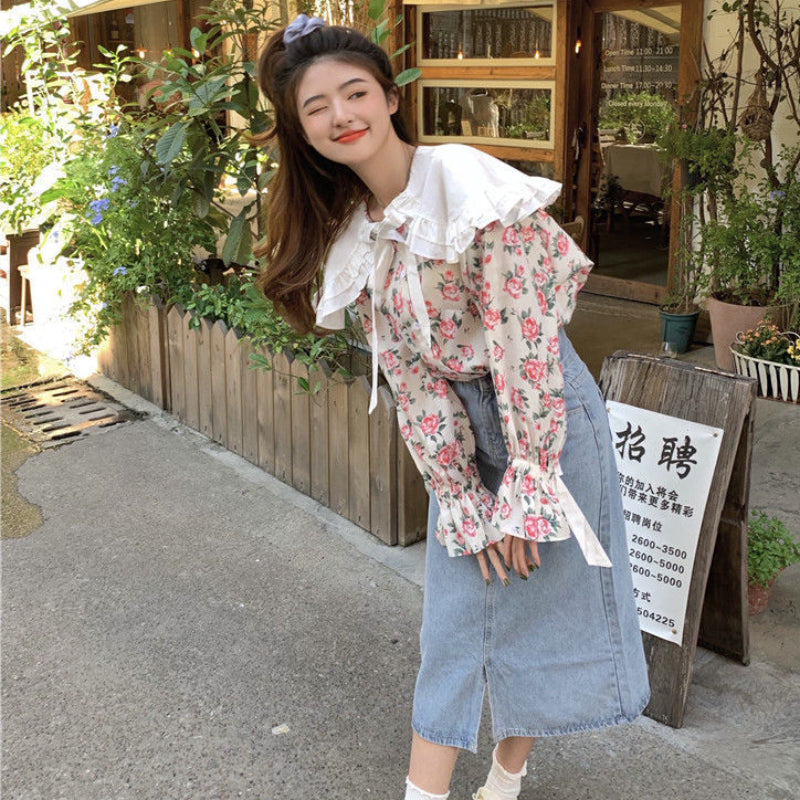 Floral Doll Collar Flared Sleeve Blouse / White / S