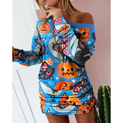 Color-Block Print Asymmetric Long Sleeve Dress / Black / L