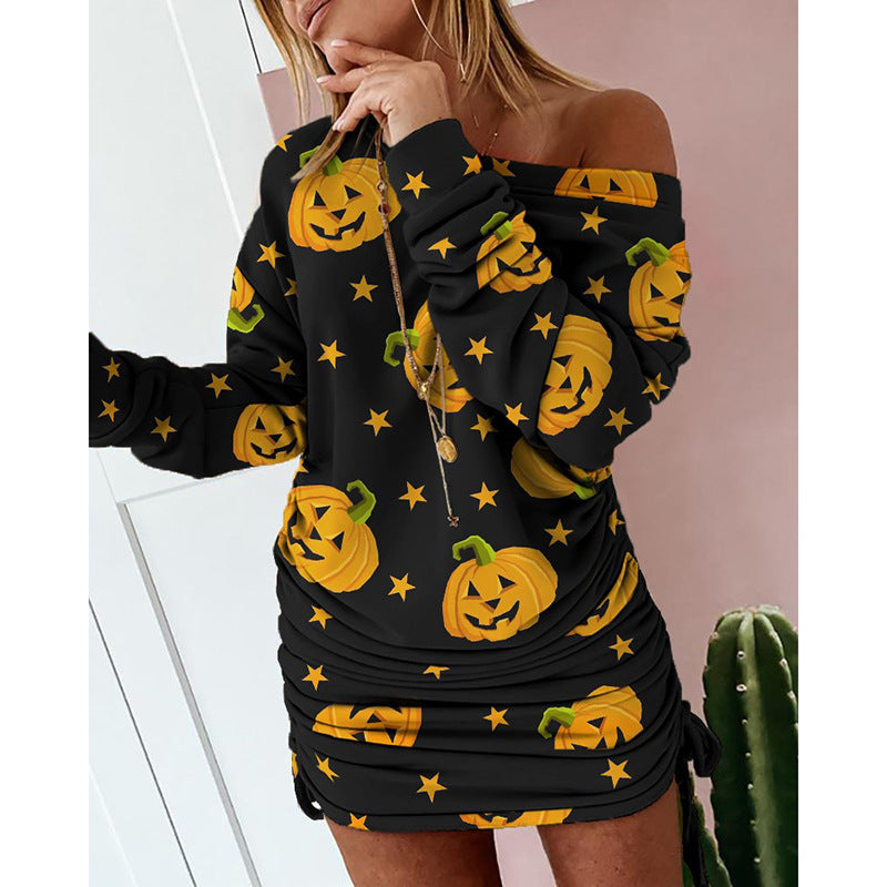Color-Block Print Asymmetric Long Sleeve Dress / Black / S