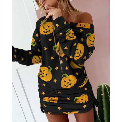 Color-Block Print Asymmetric Long Sleeve Dress / Black / S