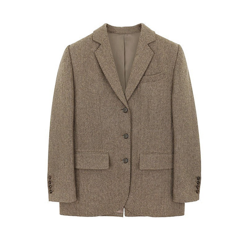 Wool Herringbone Thickened Blazer / Dark Brown Suit / S