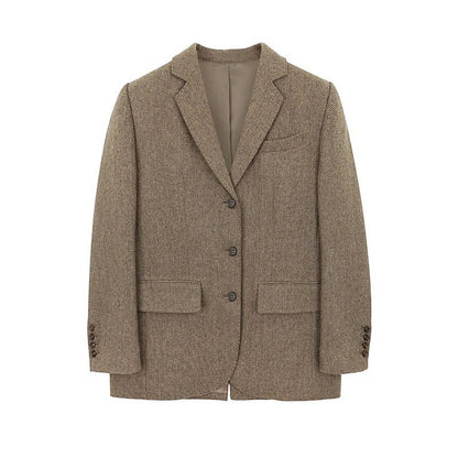 Wool Herringbone Thickened Blazer / Dark Brown Suit / S