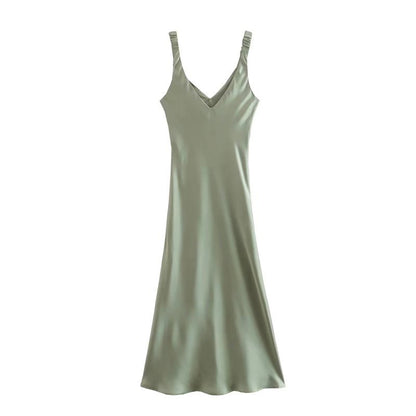 Green Satin Textured Halter Dress / Green / M