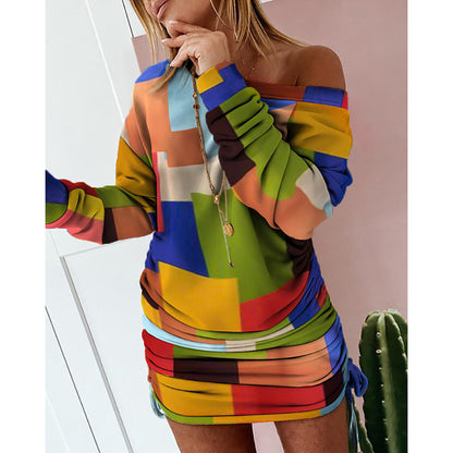 Color-Block Print Asymmetric Long Sleeve Dress / Blue / S