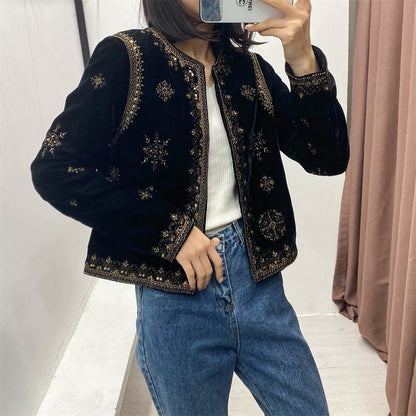 Black Printed Loose Round Neck Jacket / Black / L