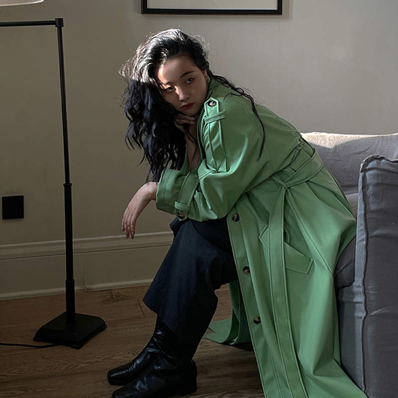 PU Square Collar Mid-Length Trench Coat / Green / XS
