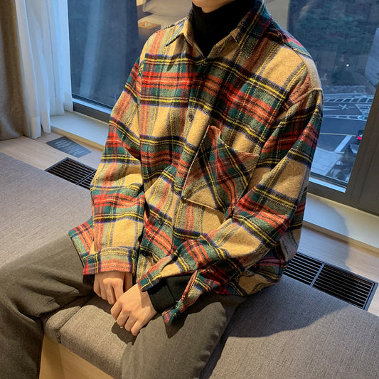 Khaki Red Plaid Long Sleeve Shirt / Khaki / M