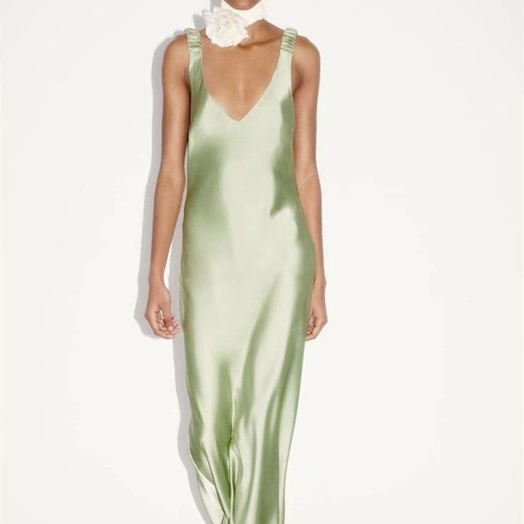Green Satin Textured Halter Dress / Green / XS