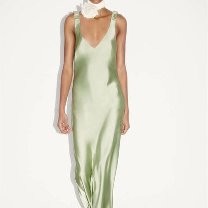 Green Satin Textured Halter Dress / Green / XS