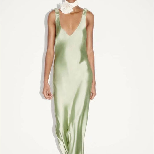 Green Satin Textured Halter Dress / Green / XS