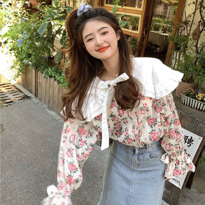 Floral Doll Collar Flared Sleeve Blouse