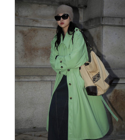 PU Square Collar Mid-Length Trench Coat / Black / M