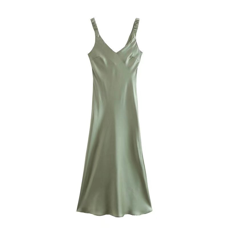 Green Satin Textured Halter Dress / Green / S