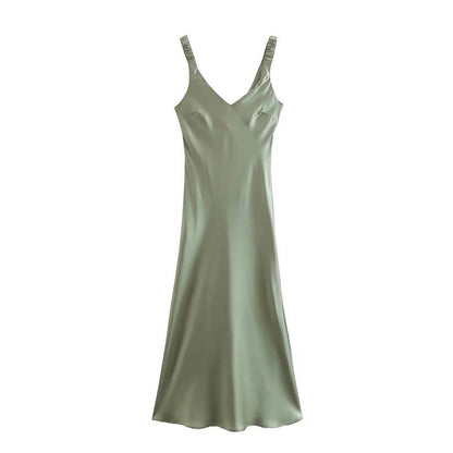 Green Satin Textured Halter Dress / Green / S