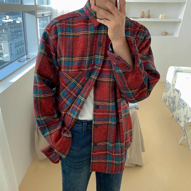 Khaki Red Plaid Long Sleeve Shirt / Red / M