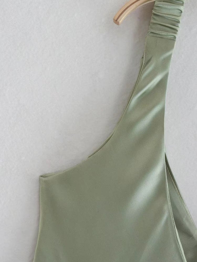 Green Satin Textured Halter Dress / Green / L