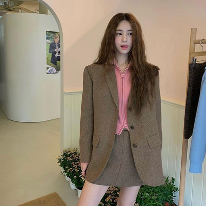 Wool Herringbone Thickened Blazer / Dark Brown Suit / XS