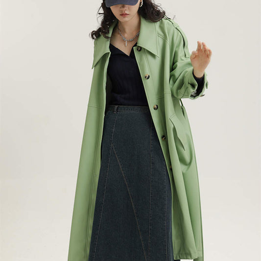 PU Square Collar Mid-Length Trench Coat / Black / XS