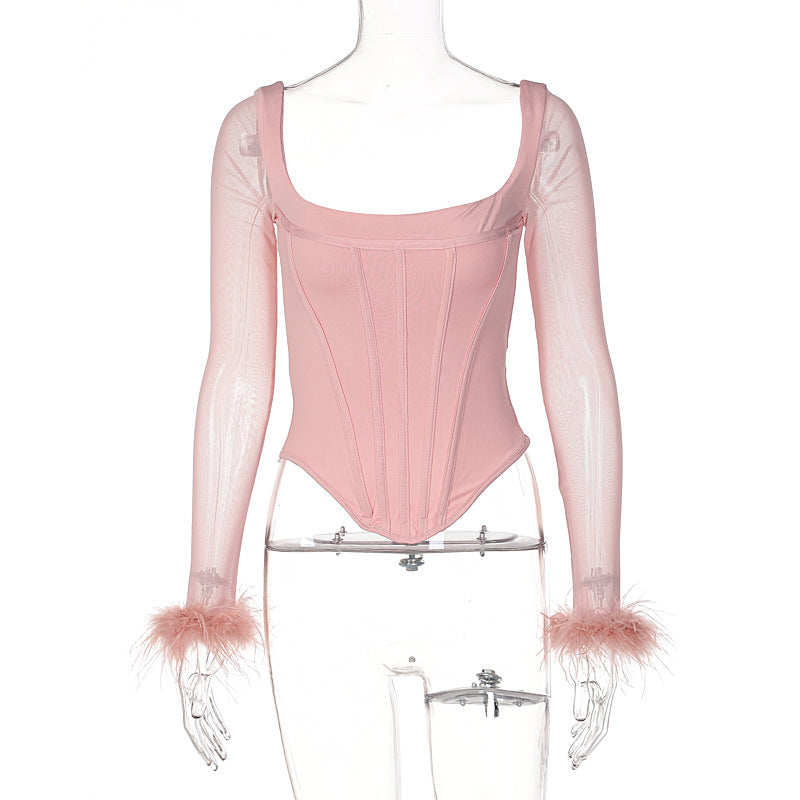 Square Neck Fur-Trim Mesh Long Sleeve Top / Black / M