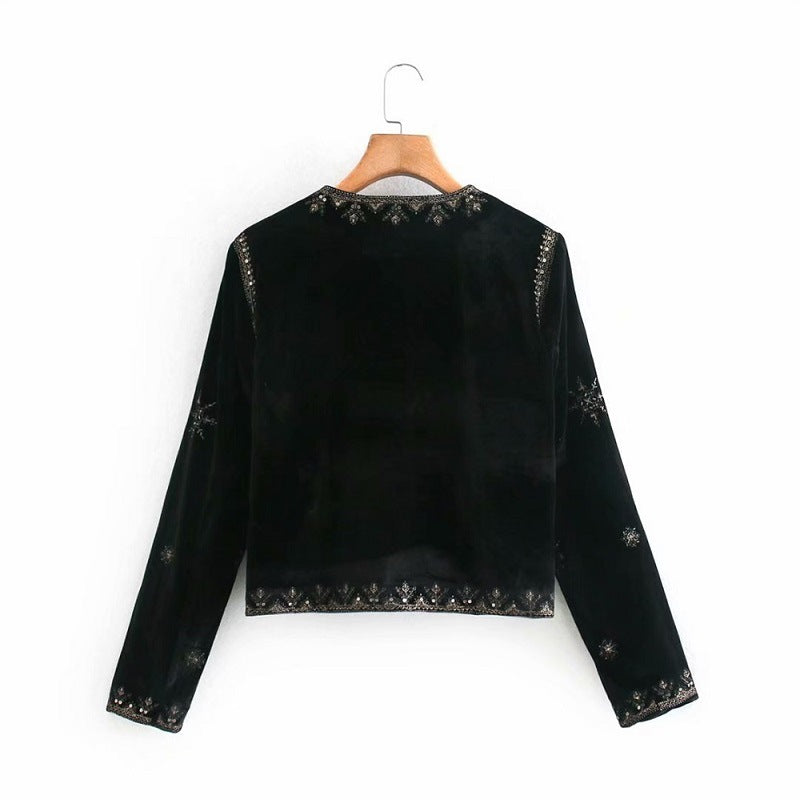 Black Printed Loose Round Neck Jacket