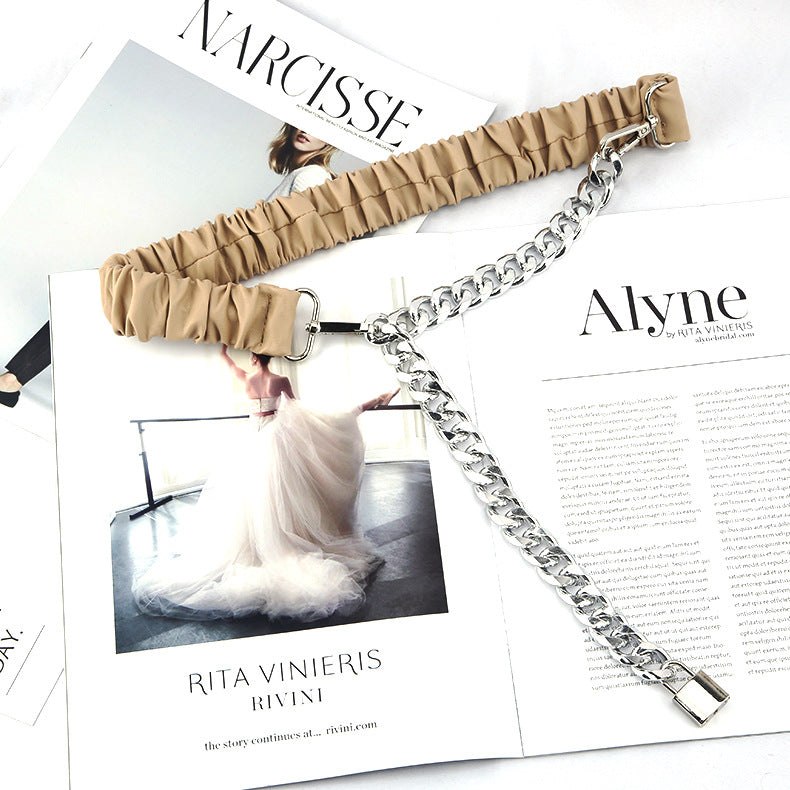 Metal Chain Accent Elastic Belt / Apricot / 130cm
