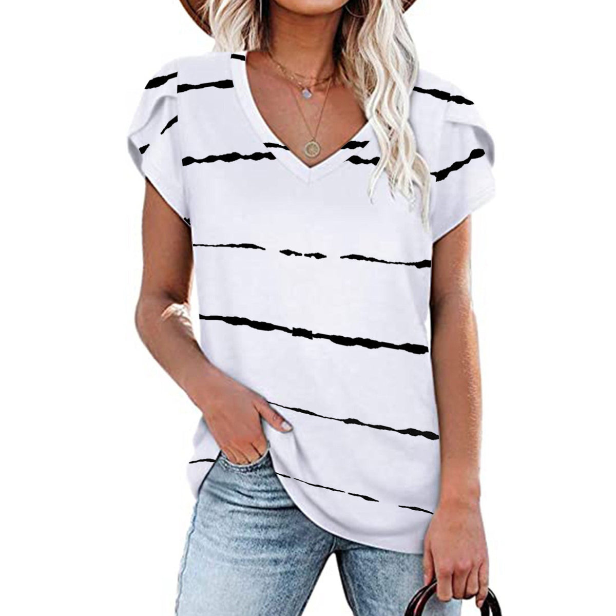 Printed Loose-Fit V-Neck T-Shirt / White / S