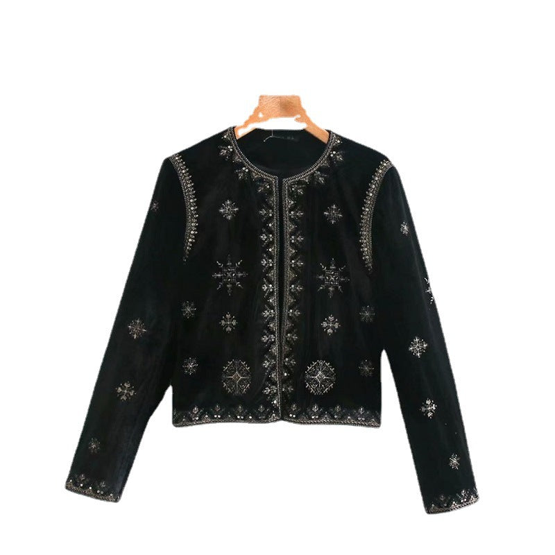 Black Printed Loose Round Neck Jacket / Black / M