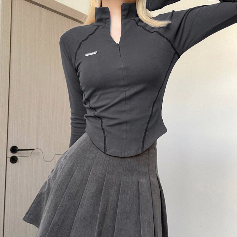 Gray Stand Collar Fitted T-Shirt