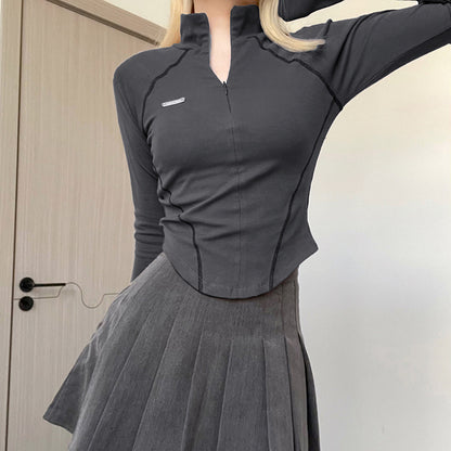 Gray Stand Collar Fitted T-Shirt