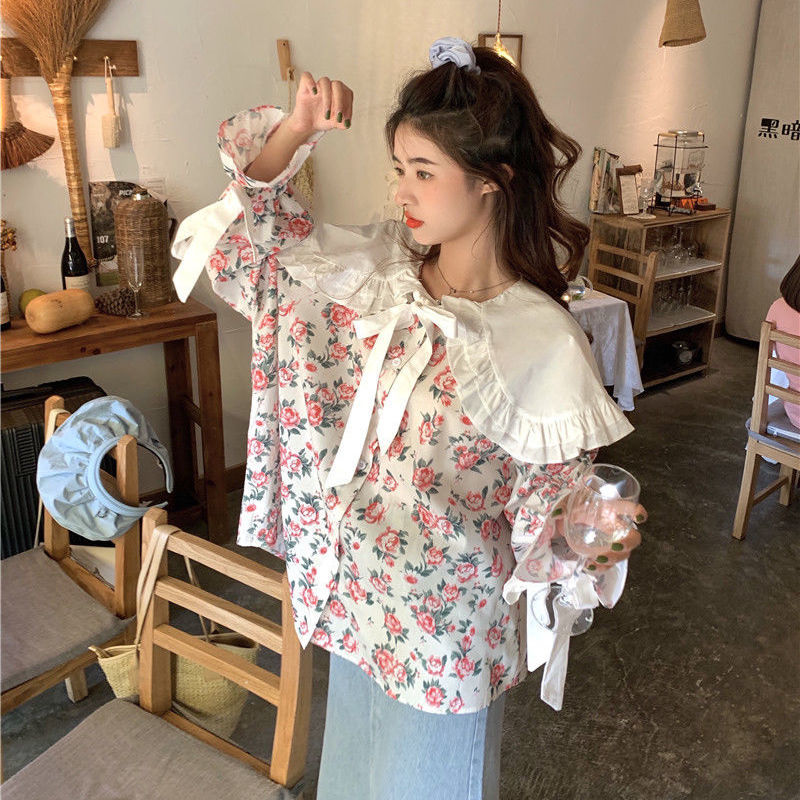 Floral Doll Collar Flared Sleeve Blouse / White / L