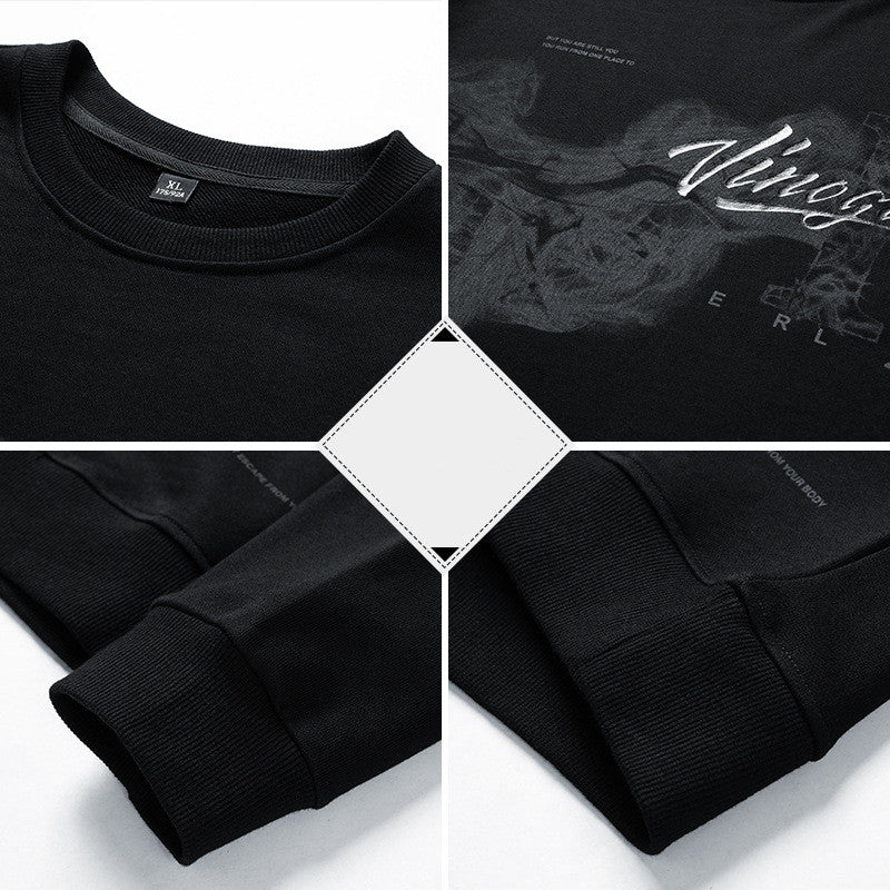 Loose Cotton Round Neck Long Sleeve Top / Black / 2XL
