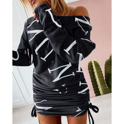 Color-Block Print Asymmetric Long Sleeve Dress / Black / M